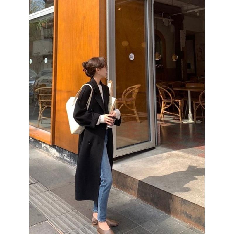 Solid Color Woolen Coat Mid-length Women's Autumn and Winter All-match Internet Celebrity Thickened Hong Kong-style Loose Woolen Coat