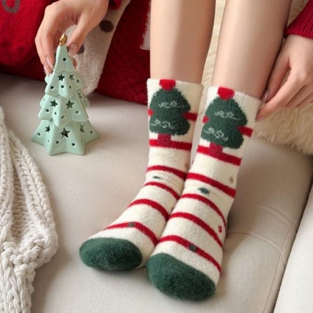 Christmas Stockings Medium Tube Socks Red Socks Plush Warm Australian Velvet Thickened Cute Cartoon No Hair Loss Sleep Stockings
