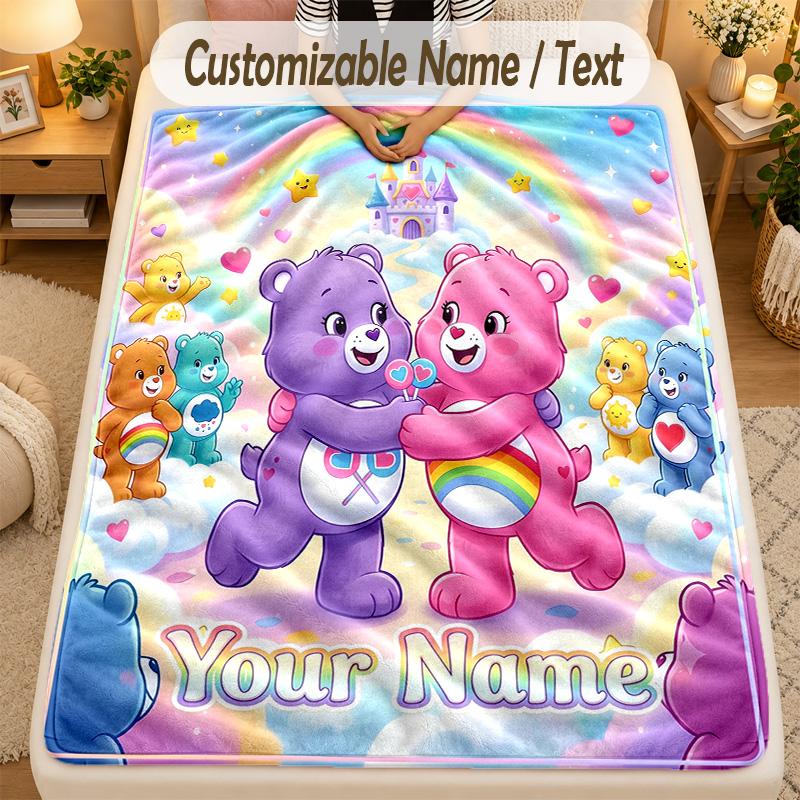 Flannel BlanketCare Bears Custom Name Text Personalized Soft Warm Throw Blanket Home Decor Gift