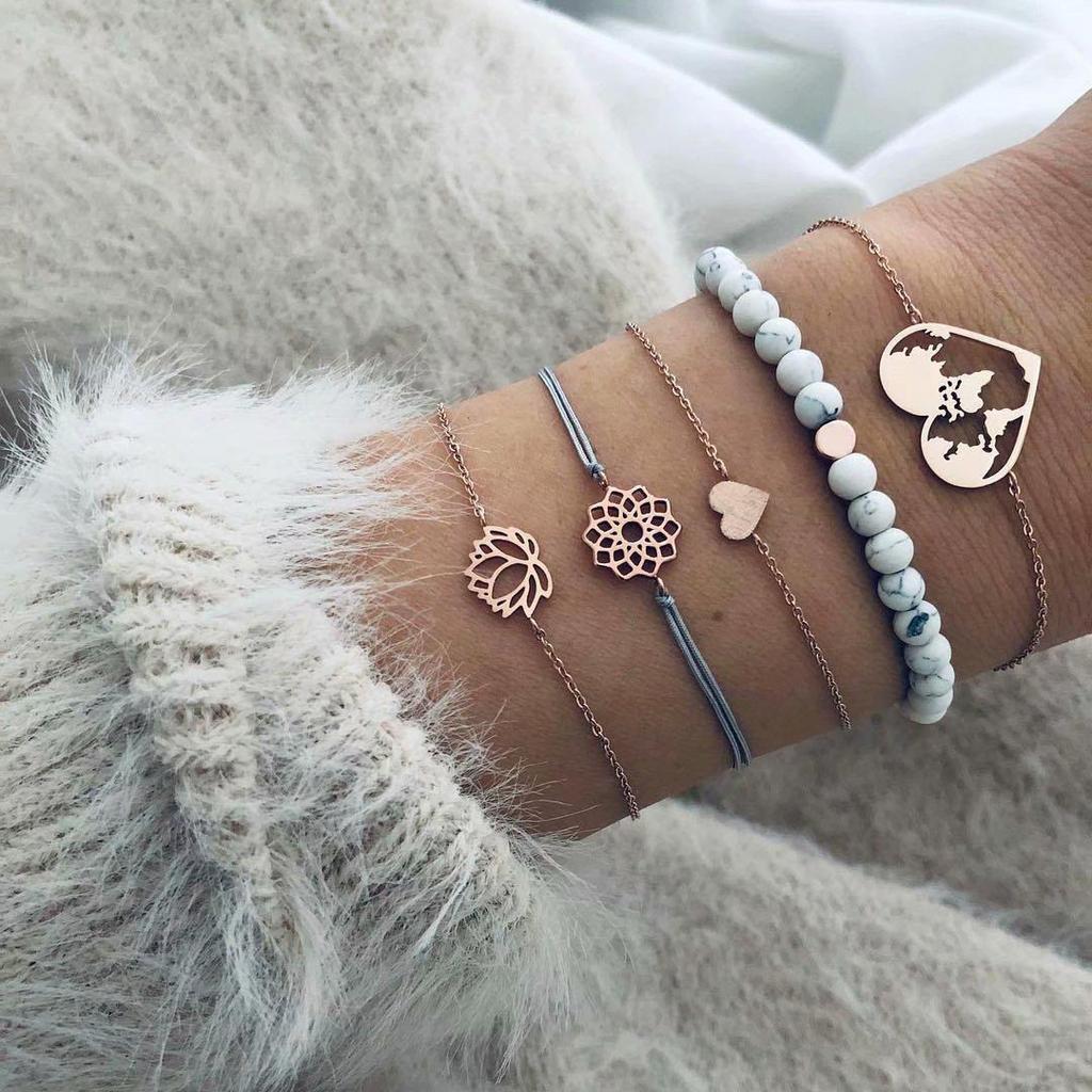 European and American Heart and Earth Beads Bracelet Set - Women's Fashion Street Style