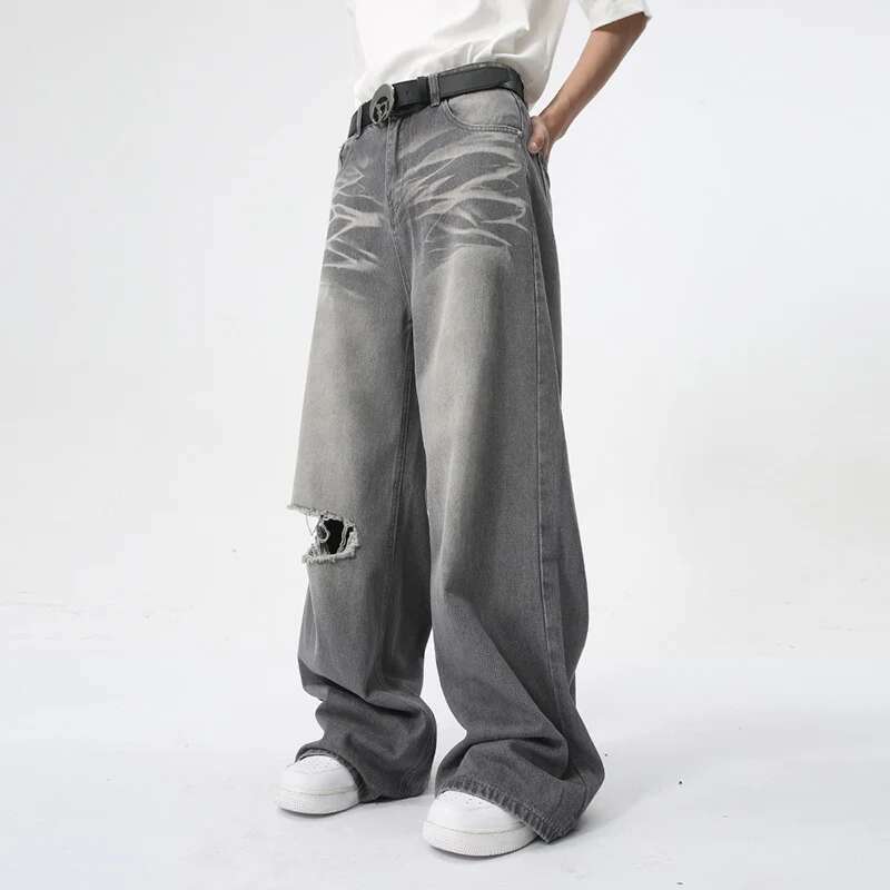 STREETRICH  Men's Wear New Jeans Straight Wide Leg Denim Pants Casual Loose Contrast Color Male Bottoms Clothing