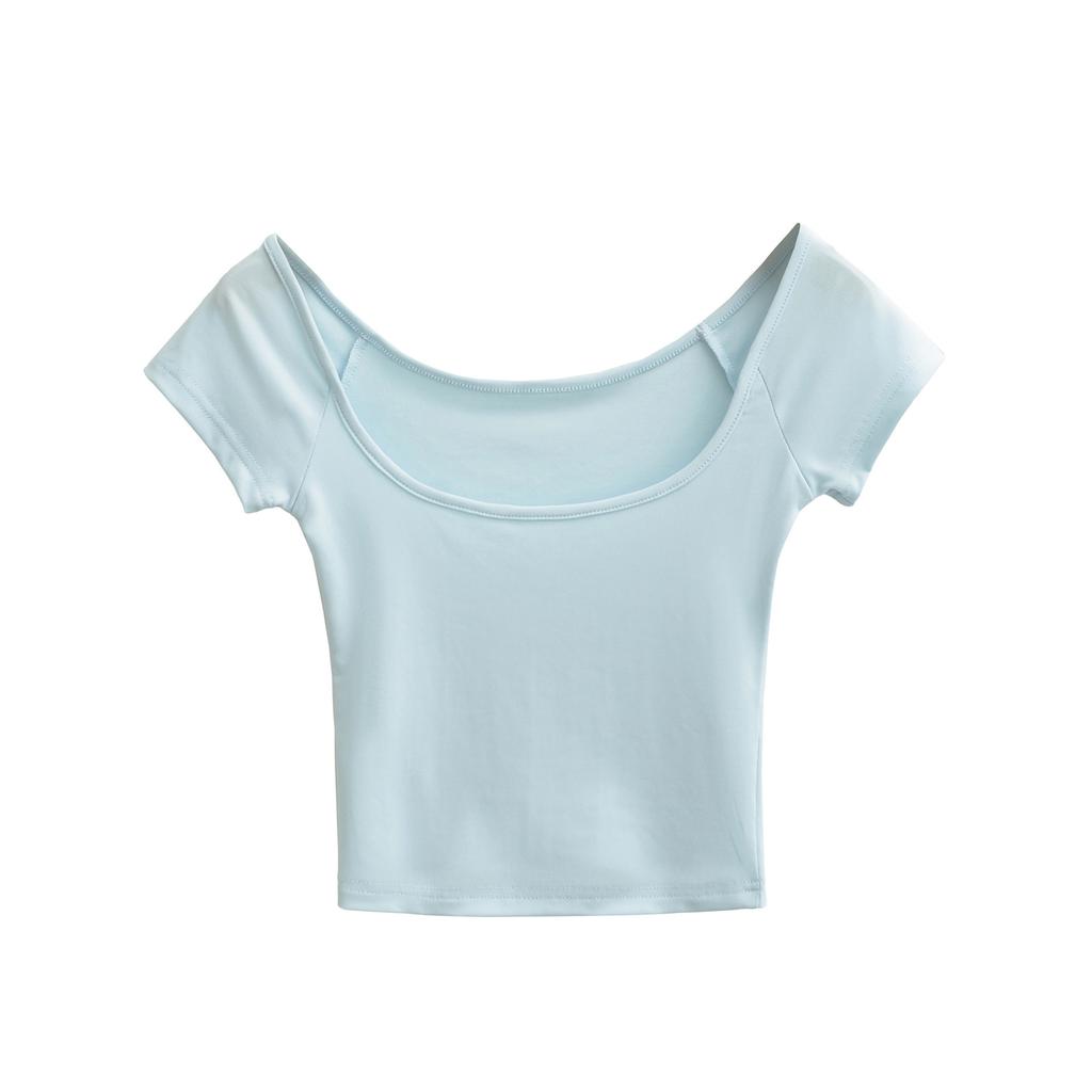 Big U-neck short-sleeved T-shirt women's summer new American Spice Girl style solid color casual inner short bottoming top