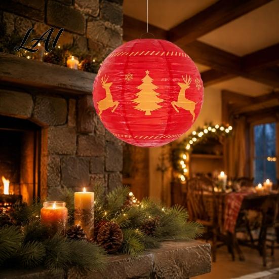 Sturdy Metal Frame Paper Lanterns Christmas Lantern Cute Gingerbread Man Snowman Elk Pattern Ceiling Hanging Collapsible Decorative 12 Inch