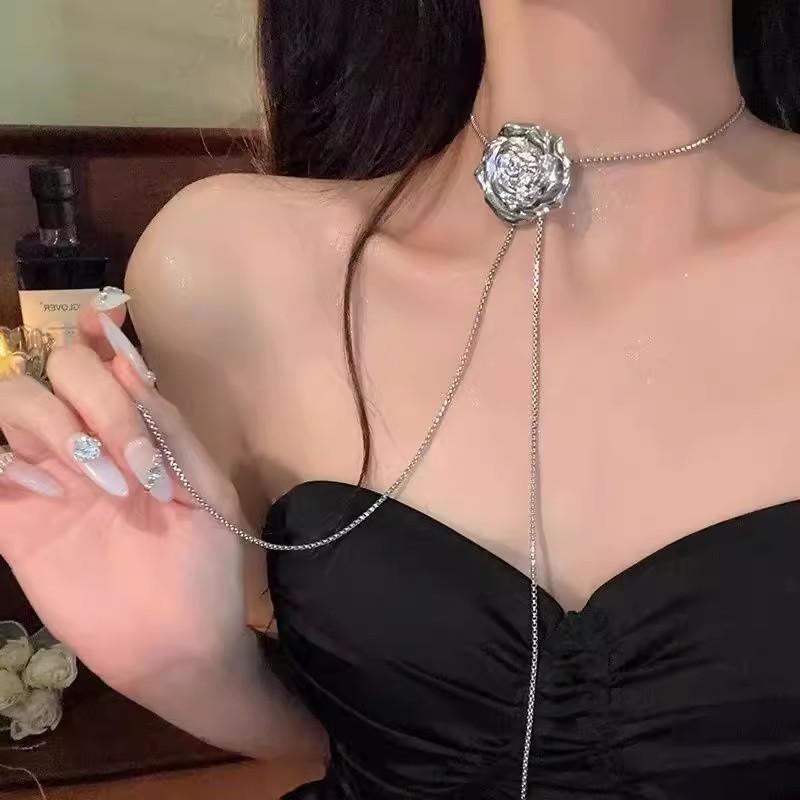 Регулируемая выдвижная серебряная длинная цепочка-ожерелье с розой, цепочка на ключицу, взрыв