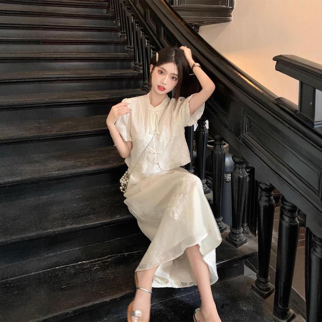 Early Spring & Summer Tea-Colored French Retro Chinese-Style Dress Set
