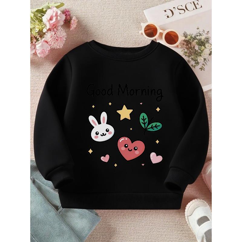 Kids Crewneck Sweatshirt, Cute Good Morning Bunny Hearts Stars Leaves Graphic Print