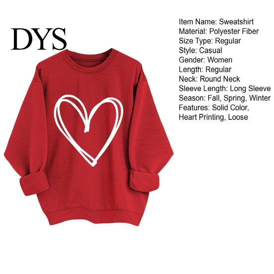 Casual Loose Fit Pullover Spring Autumn Women Sweatshirt Heart Print Pure Color Round Jumper Neck Long Sleeves Valentines Day Top Thick Warm Winter