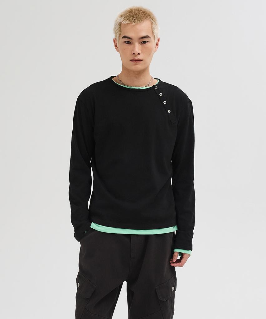 LEIRE Diagonales Henley-Langarm-T-Shirt [Schwarz]