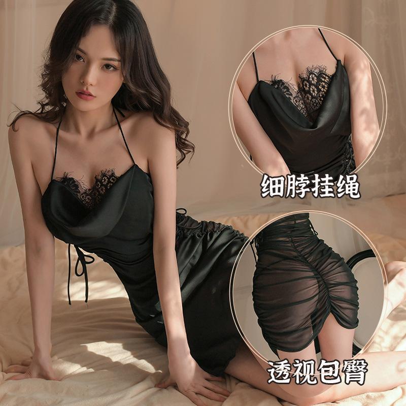 Sexy waist pleated mesh perspective temptation suspender skirt spring suit
