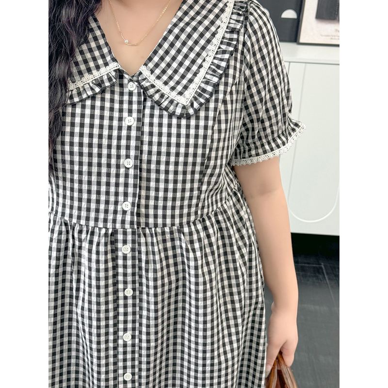 Plus size women clothing [Dew Fairy Tale] Summer French style Doll Collar Lace Stitching High Waist Slimming Plaid Dress