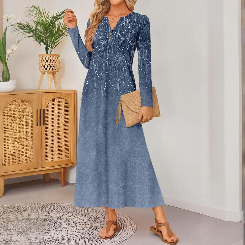 women retro printed long-sleeved comfortable loose dress, elegant dress