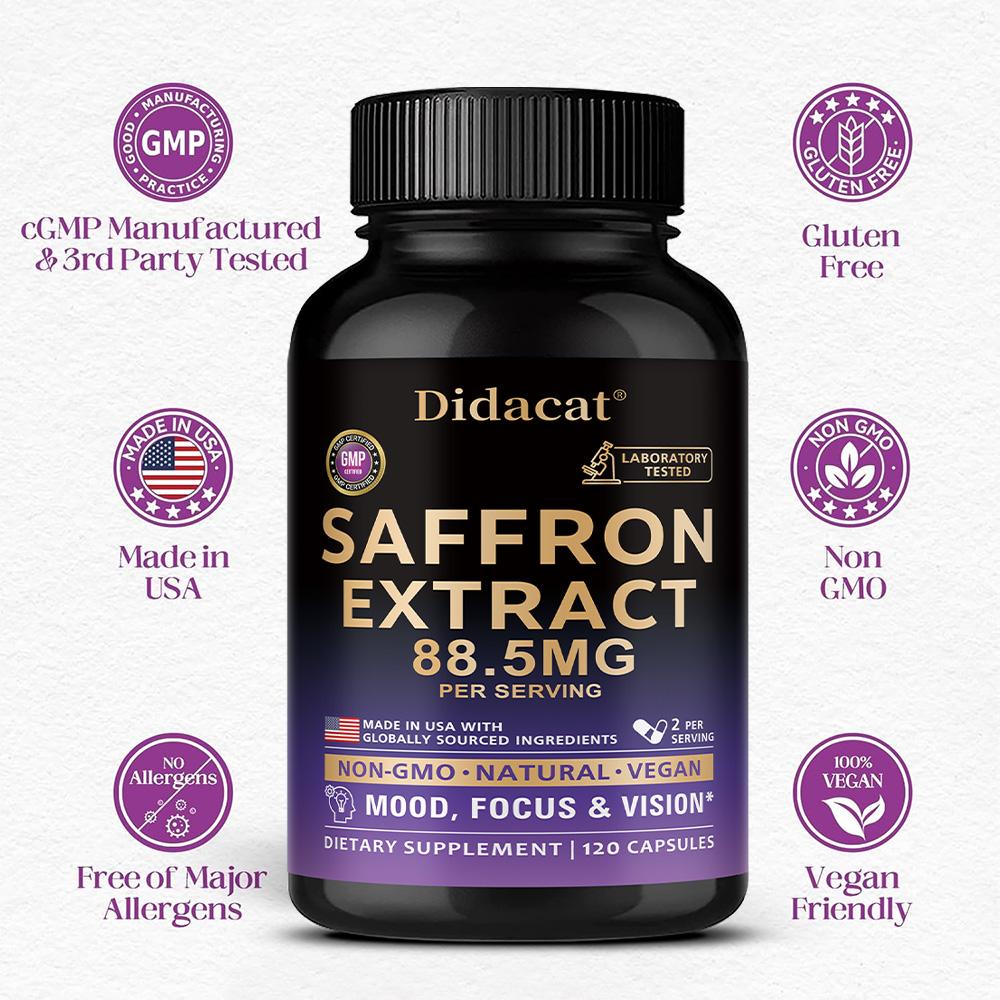Saffron Supplement - 120 Capsules, Improves Mood, Vision, and Concentration, non-GMO.
