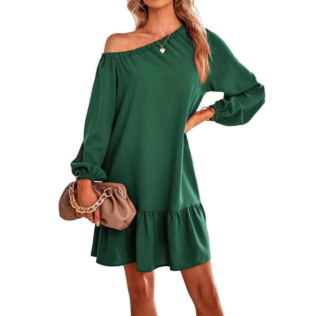 Abito da donna casual alla moda a maniche lunghe, scollatura Bardot, colorato