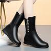 Inverno Couro Macio Conforto Quente Botas de Cano Médio para Mulheres Metal Decorativo Sapatos de Algodão Mães Pelúcia Flats Botas de Neve