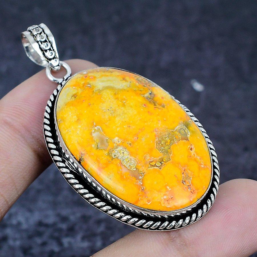 Bumble Bee Jasper Gemstone 925 Sterling Silver Jewelry Pendant 2.25"