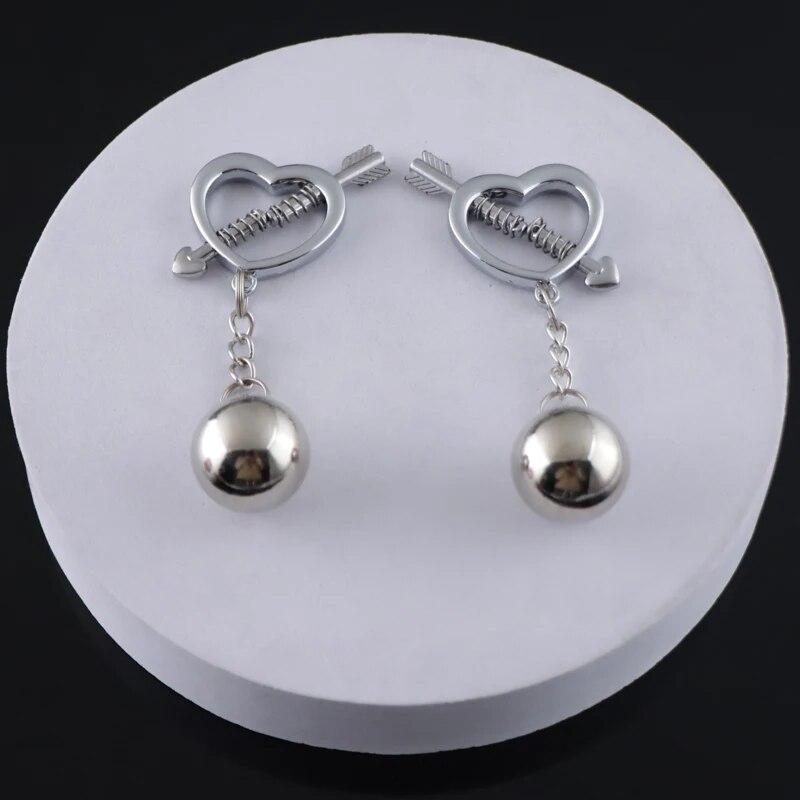 BDSM Women's Breast Clip Metal Heart-shaped Nipple Clamps With Gravity Ball Weight Pendant Breast Traction Stimulator Adult Toys