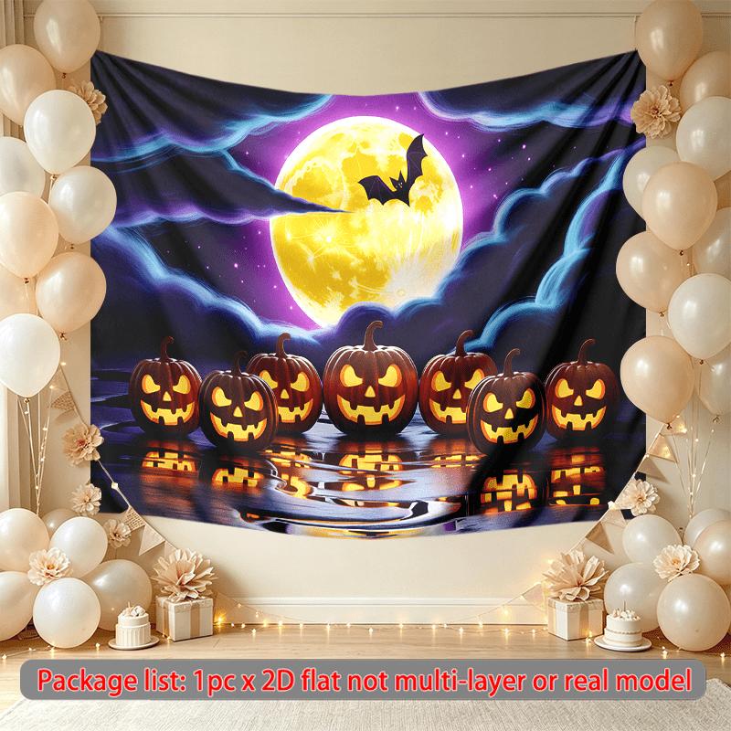 Pumpkins Bat Full Moon Halloween Theme Banner, Multicolor Polyester Backdrop for Wall Hanging & Photo Booth