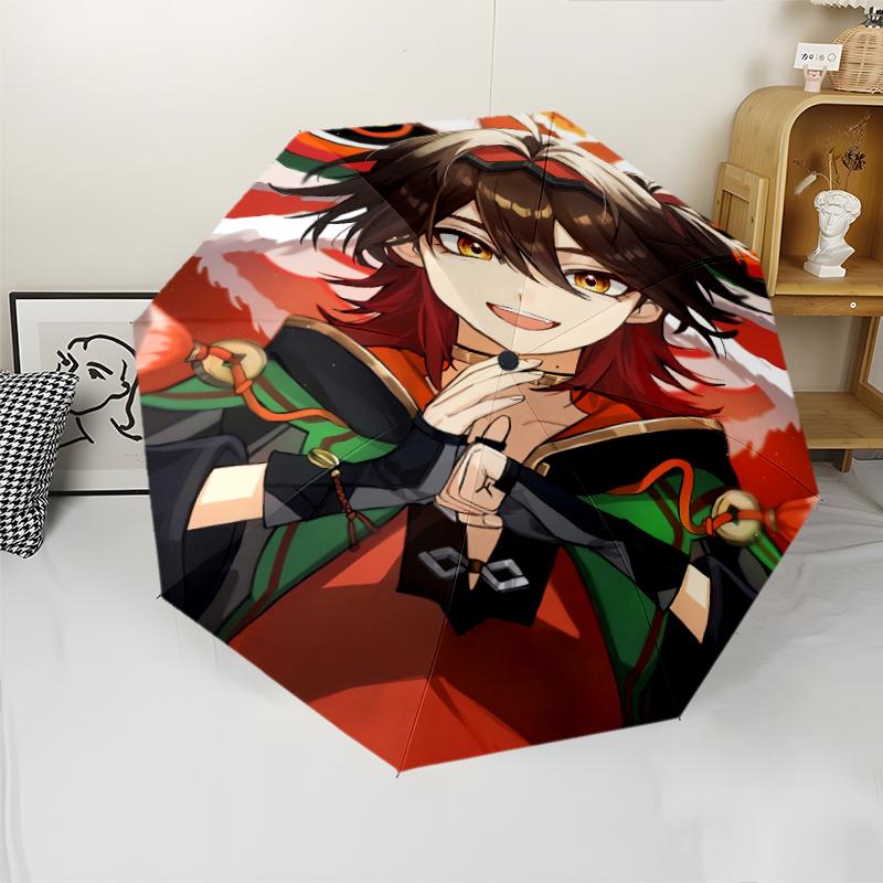 Genshin Impact characters2 Print Automatic Umbrella, 8 Rib Iron Frame, Plastic Handle, Suitable for Outdoor Travel &Daily , Ideal Gift