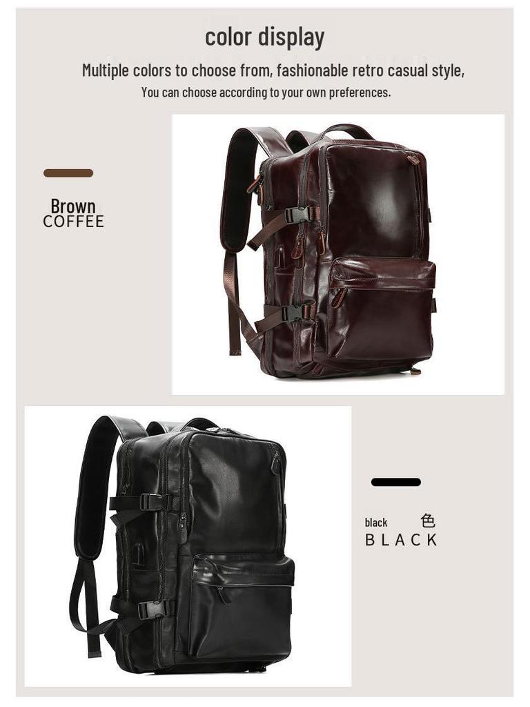 Men's Genuine Leather Expandable Large Capacity Shoulder Backpack for Business Travel