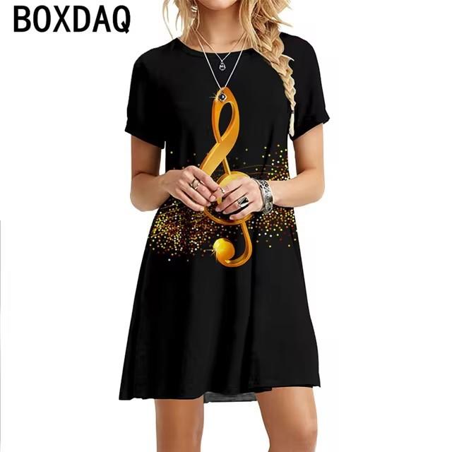 Abiti Stampa Digitale Musicale 3D Donna Estate Manica Corta Scollo a O Casual Larga