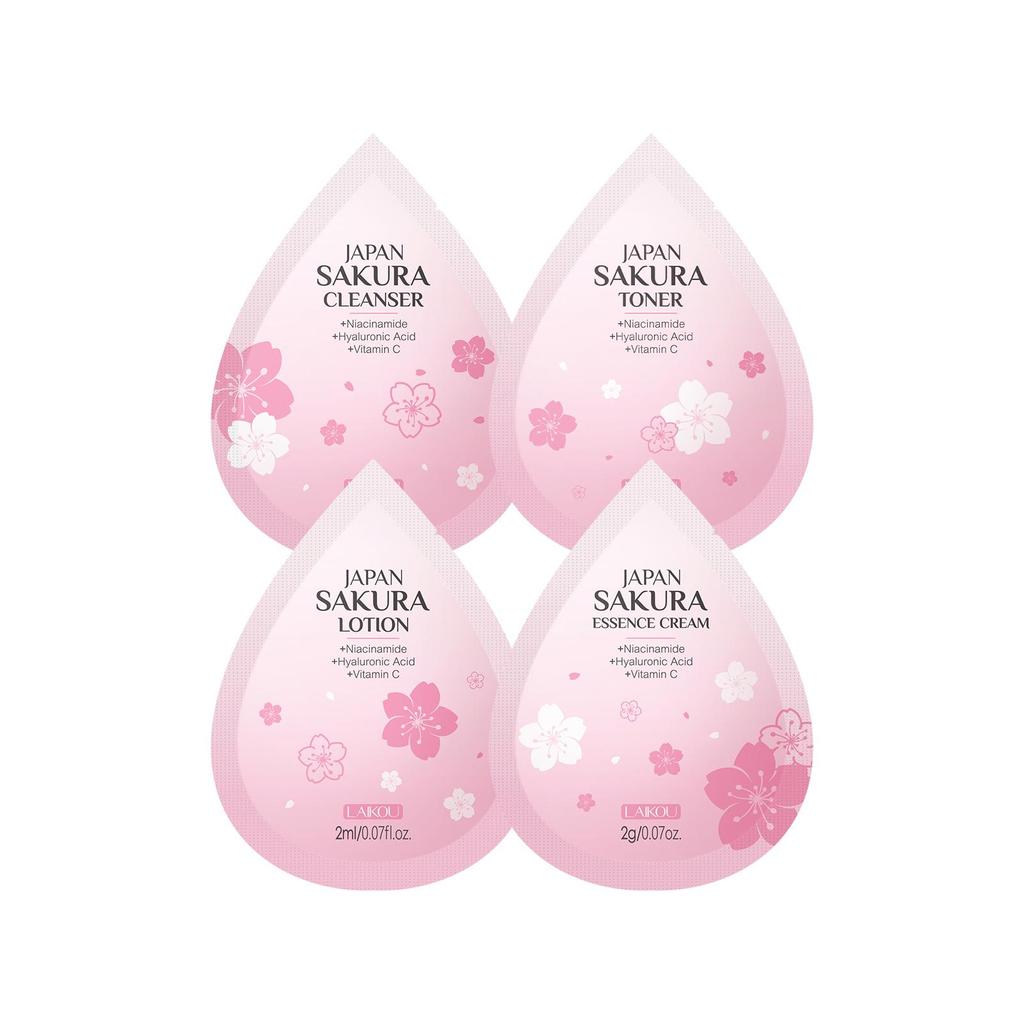 LAIKOU Japanese Cherry Blossom 4-Piece Skincare Trial Set: Cleanser, Lotion, Emulsion, Cream (2g each)