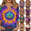 Women's Halloween Print V Neck Three Quarter Sleeve Button Detail Casual T Shirt Top Lightweight Soft Fabric Comfortable Fit