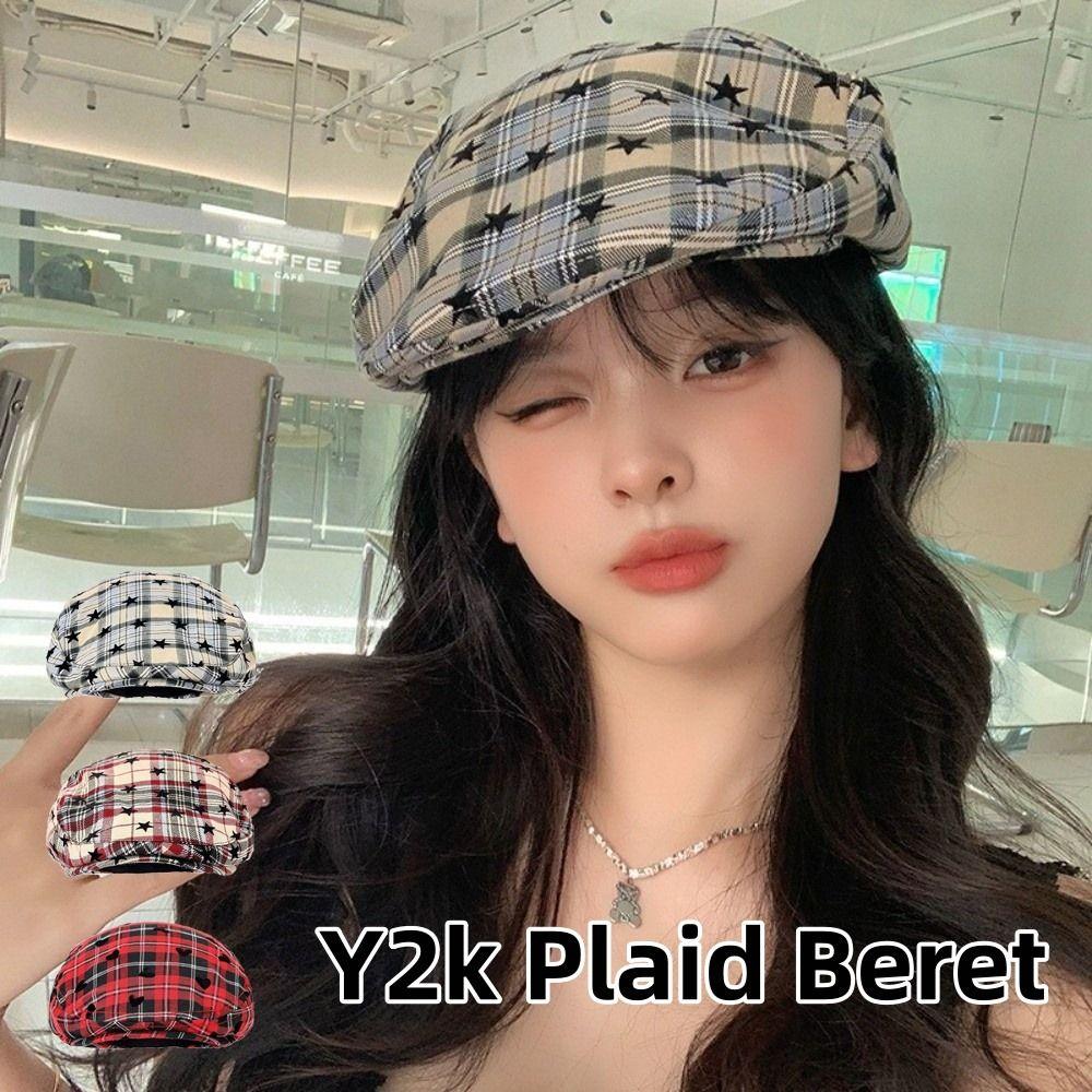 Y2k Plaid Women's Beret Vintage Painter Cap Trend Newsboy Cap  Streetwear