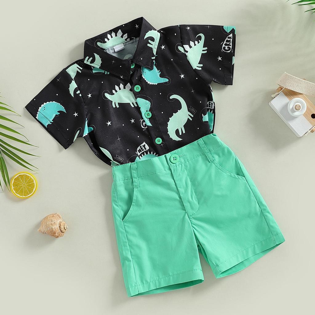 Kinder Jungen Sommer Kleidung Outfits Dinosaurier Druck Kurzarm Umlegekragen Hemden Tops Einfarbig Shorts 2 Stücke Anzug