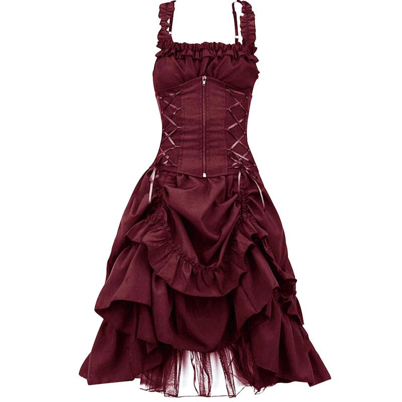 Women's Plus Size Gothic Corset Dress Vintage Lace Up Ruffle Layered Halloween Cosplay Prom Evening Party Formal Dress