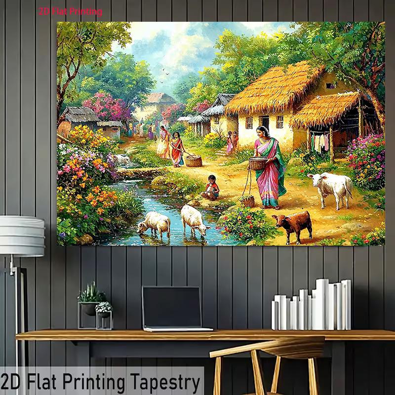 2D Indian Farm Life Backdrop, Traditional Village Scene Party Background