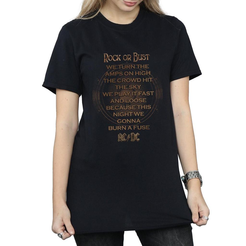 AC/DC Dámské/Ladies Rock Or Bust Lyrics Bavlněné tričko Boyfriend T-Shirt
