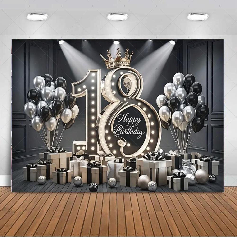 18th  Birthday Partys Decoration Backgound Black Gold Glitter Balloon Banner Women Men Boys Girls Bar Mitzvah Photography Props