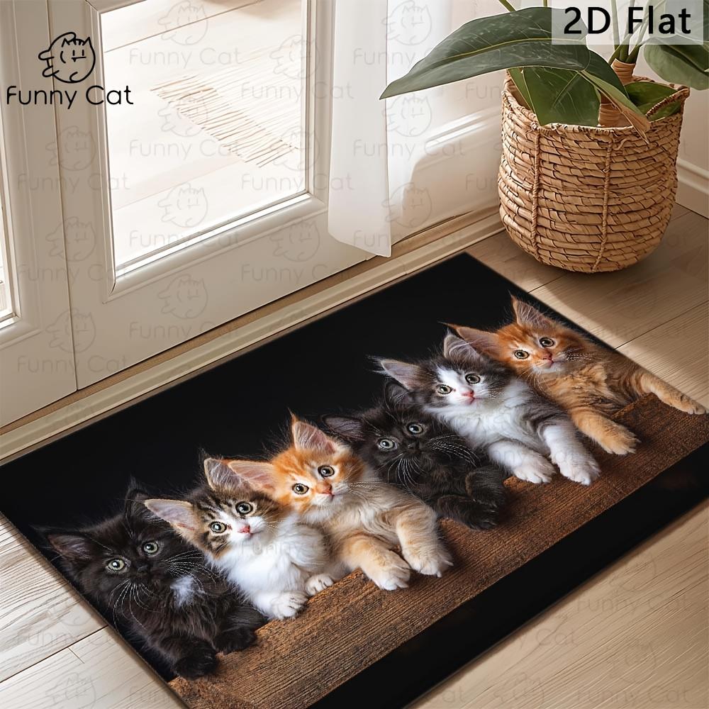 1pc 2D Flat Row Of Cute Kittens Funny Cat Faces Flannel Door Mat Non Slip Animal Lover Rug For Entryway Living Room Floor Decor