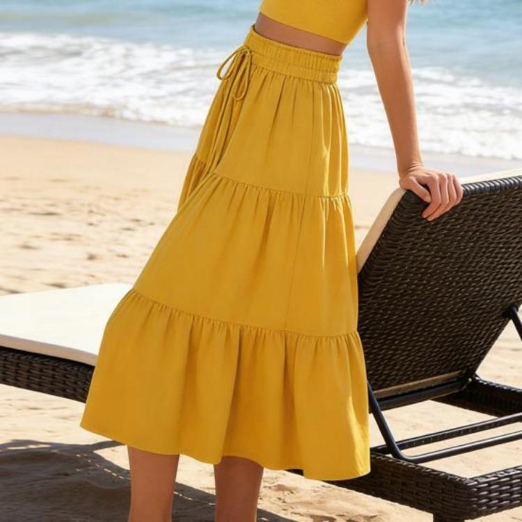 Sommer Boho Strandrock Damen Hoher Bund Mehrlagig A-Linie Maxi Langrock Lässig Fließend Schwingend Falten