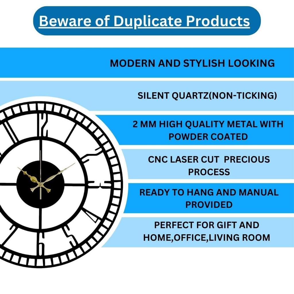 Stylish Silent Metal Wall Clock for Living Room, Fancy Antique Modern Big Hanging Decorative Analog Wall Clock (50Cm (20 In)) (Matte Black)