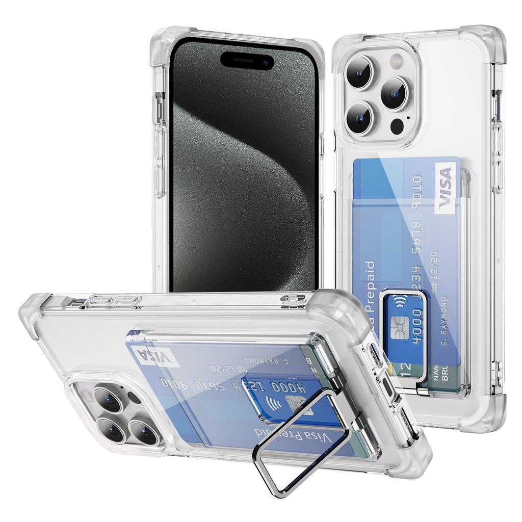 For iPhone 15 Pro Case Reinforced Corners TPU + Acrylic Phone Cover with Kickstand Card Holder