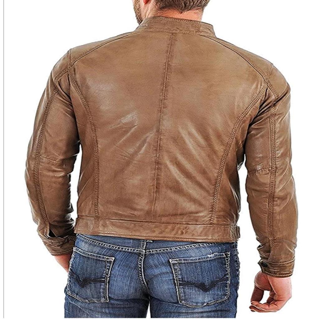 Noora Men's Beige Lambskin Leather Biker Jacket With Zipper & Pocket - JS01