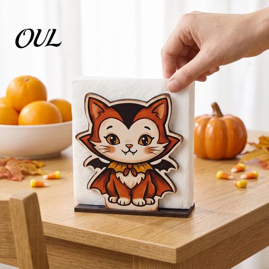 Ghost Napkin Stand Halloween Wood Holder, Pumpkin Black Cat Gnome Dispenser, Funny Holder Spooky Standing Tissue for Holiday Kitchen Dining Room Decor