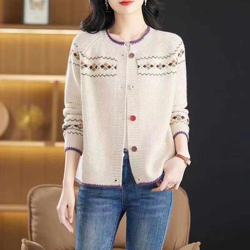 Women Sweater Coat Ladies Retro Jacquard Knitwear Cardigan Jacket Early Spring Autumn Western-Style Outerwear Loose Women Top
