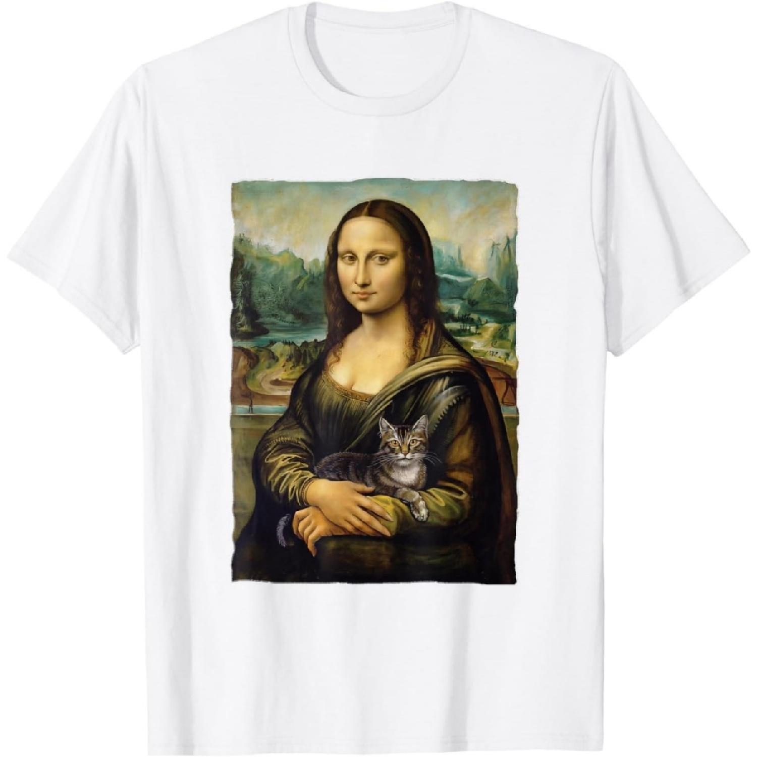 

DCOJUZBO Mona Lisa Holding Grey Cat Portrait Art Painting T-Shirt for Men Women XXXXXL білий