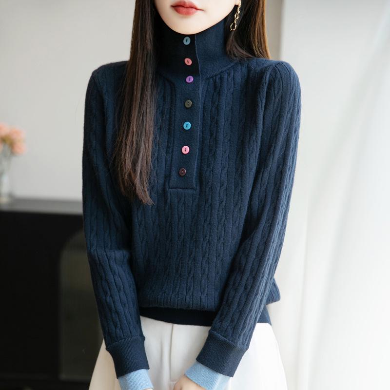 High-End Women's Retro Cable Knit Sweater: Two-Piece, Half-Open Collar, Korean Style, Autumn/Winter Slimming Knitwear