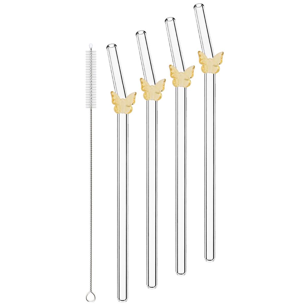 4pcs Butterfly Glass Straw with Brush 200*8mm Reusable Drinking Straw Set Milkshakes Cocktail Coffee Straws Home Bar Accessories