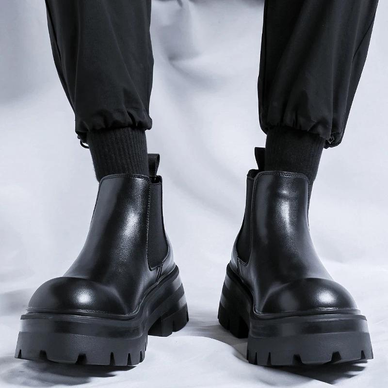 Luxury Brand Mens Chelsea Boots High Quality British Style Casual Leather Ankle Boots for Men Thick Bottom Design High Top Boots