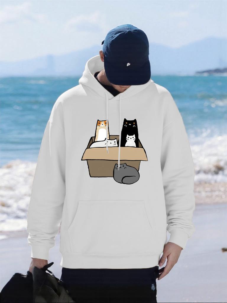 The Cats In The Cardboard Box Prints Men Hoody Soft Fleece Hoodies Hip Hop Street Clothes Casual Multicolor Man Sportswear