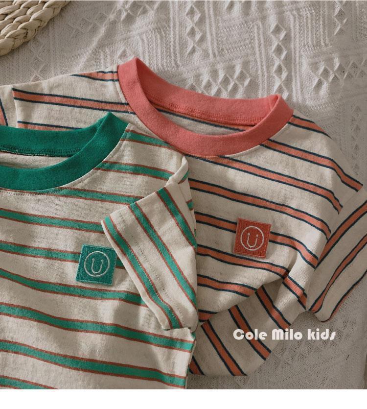 Vielseitiges gestreiftes Leinen-Baumwoll-T-Shirt für Jungen & Mädchen – Kurzarm, Koreanischer Stil, Lockere Passform, Colorblock-Design, Sommer-Modetop.