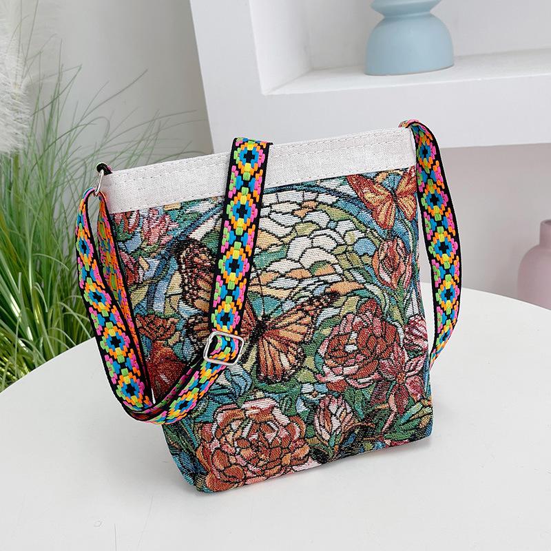 New women's messenger bag going out double-sided flower butterfly casual embroidery ethnic style mobile phone bag