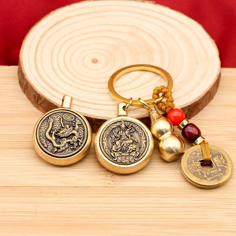 Rotating Brass Zodiac Signs Vermilion Gourd Keychain for Wealth & Treasures