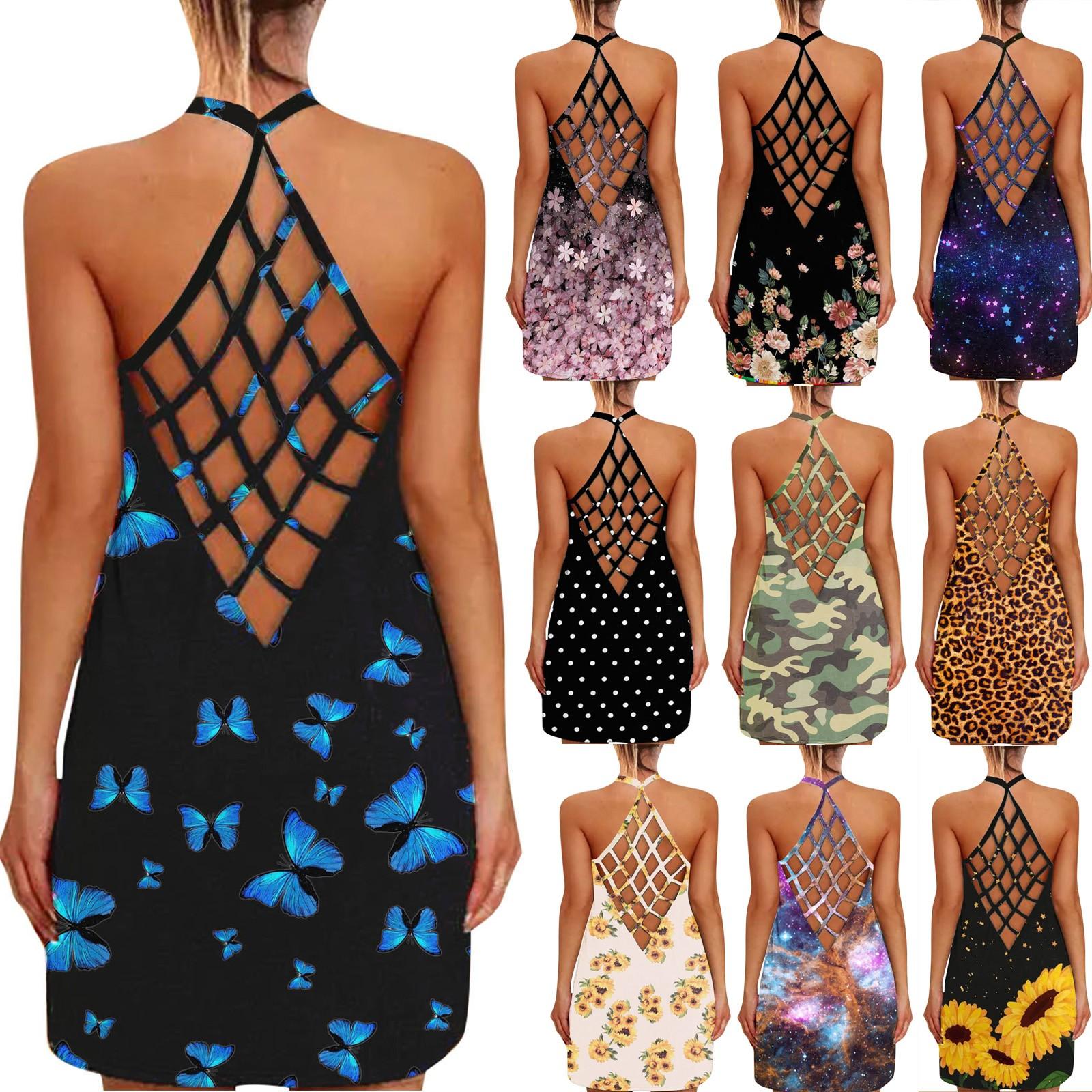 

Женское модное летнее мини-платье без рукавов с многоцветным принтом и открытой спиной