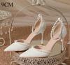 Fashion High Heeled Shoes Women's 2025 Summer with A Thin Heel and Pointed Toe A Straight Cut Lace Surface White Pearl Bridal Shoe Women