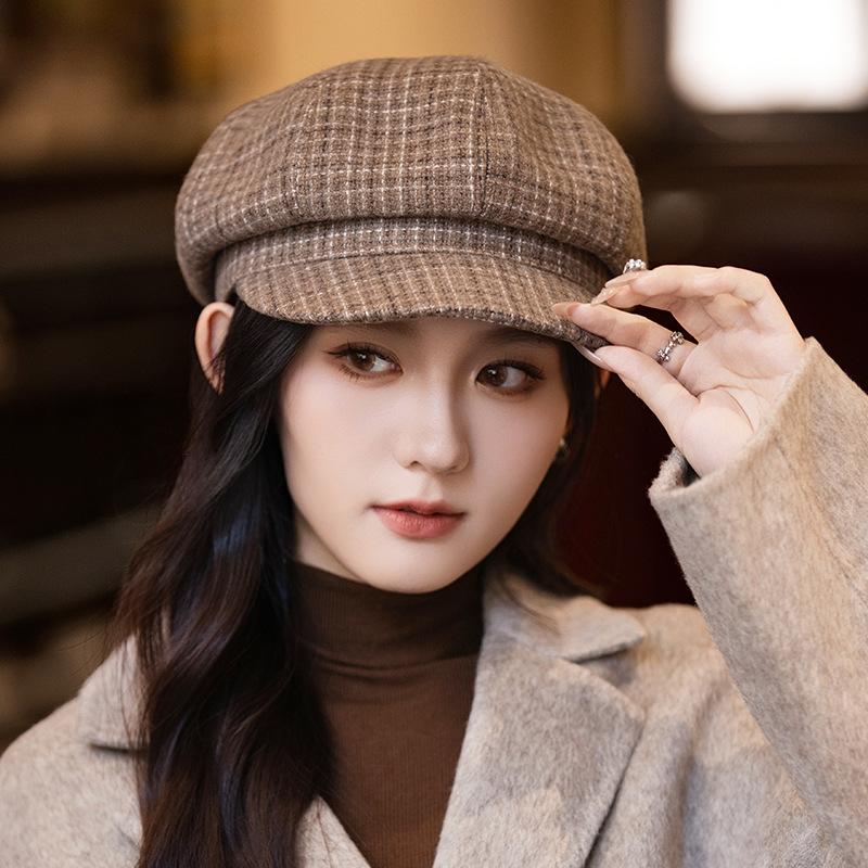 Autumn and winter hats women's big head circumference small octagonal hats retro versatile berets fashion painter hats